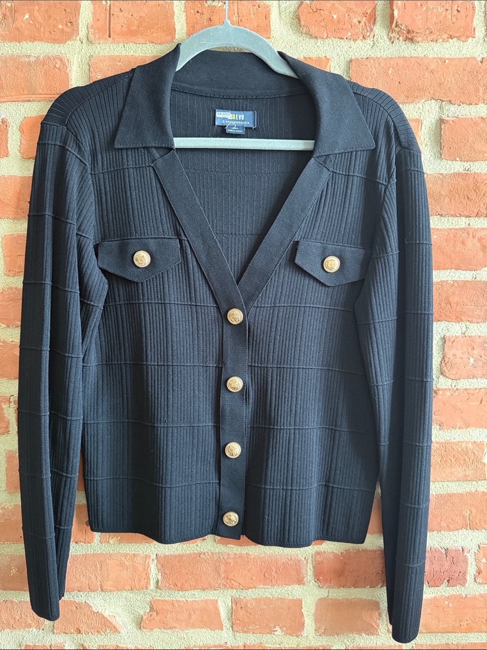 Anthropologie Black Ribbed V-Neck Cardigan with Subtle Label Detail
